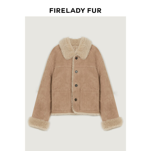 Fu Zhien Christmas Market Contrast Lapel Shaved Pressed Merino Fur One-piece Fur Short Jacket Light Khaki Australian Imported Matte Velvet Merino M