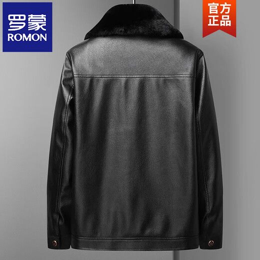 ROMON зимнее пальто для папы среднего и пожилого возраста с меховым воротником, новинка 2026 года, зимняя бархатная утолщенная мужская кожаная куртка, черный съемный меховой воротник, 4XL, 180-195Jin Jin, вес 0,5 кг.