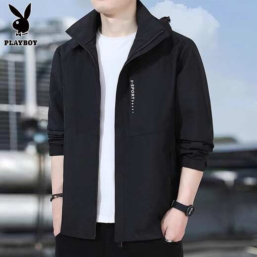 Playboy Jackets for Men and Women Spring and Autumn Thin Windproof and Waterproof Loose Sports and Leisure Jackets Autumn and Winter Plus Velvet and Thickened Black - Hood Detachable XL 125-145Jin Jin is equal to 0.5 kg
