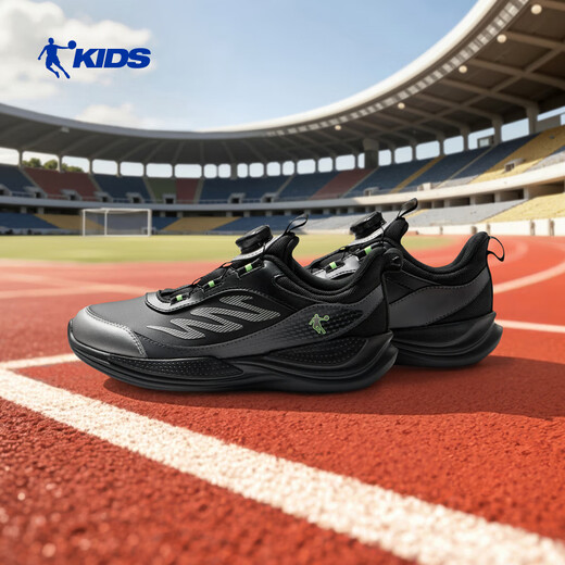 Jordan men's running shoes, children's winter leather sports shoes, knob buckle children's shoes, black/liquid silver 36