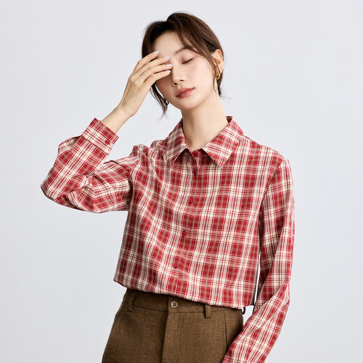 INMAN Hong Kong style retro college style sub-shirt for women 2025 autumn literary and versatile casual long-sleeved layered shirt red plaid S