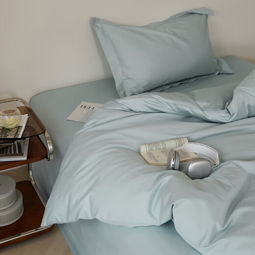 Atour hotel style long-staple cotton color-blocked four-piece set 100 cotton sheets, fitted sheets, quilt covers, home dormitory bedding, baby blue, fitted sheets, 1.5m four-piece set