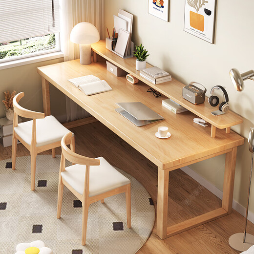 Huixun pure solid wood double desk with bookshelf simple computer desk home desk wall workbench long large table walnut #desk + C bookshelf 100cm*60cm*75cm