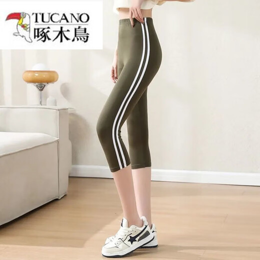 啄木鸟（TUCANO）杠条纹运动七分裤女大码胖MM夏季薄款健身瑜伽外穿高腰弹力打底裤 6627褶皱七分裤-深灰 L (120-140斤)