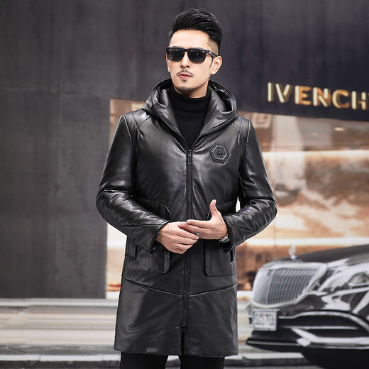 Matchstick Haining Leather Jacket Men's Sheepskin Mid-Length Casual Youth Hooded Leather Jacket Men's Trendy Jacket Winter Black M