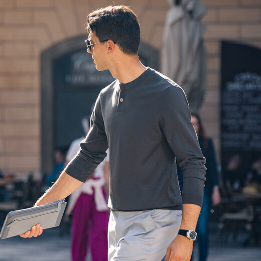 Mr. Bu Tong Dawei star's same style spring and autumn machine washable woolen T-shirt men's sweater solid color knitted bottoming shirt Henry collar polar night gray 2XL /185