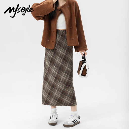 MJ STYLE woolen plaid skirt women's 2025 new spring and autumn high waist slimming slit hip mid-length skirt Khaki L