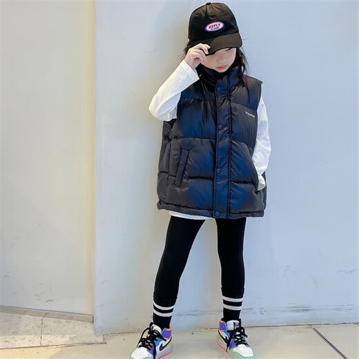 Children's vests for autumn and winter baby outer vests for older children in winter vests for boys and girls down cotton style clothes black thickened 170 suitable for height 150-160cm