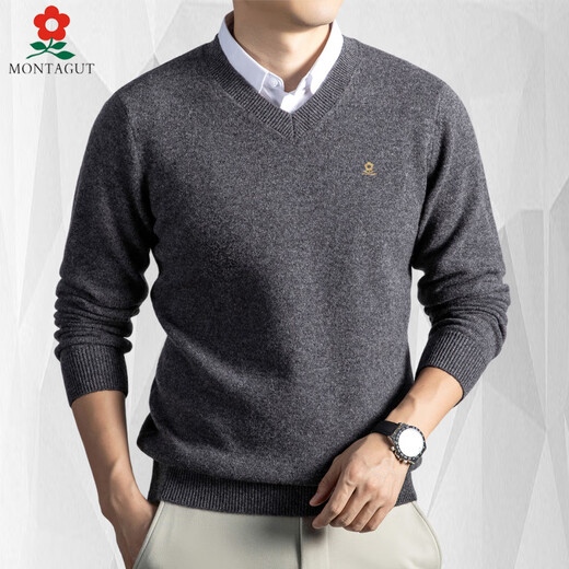 MONTAGUT cardigan men's V-neck 2025 autumn and winter new middle-aged and elderly solid color bottoming knitted sweater thickened and warm dark gray M 165 90-110Jin Jin equals 0.5 kg