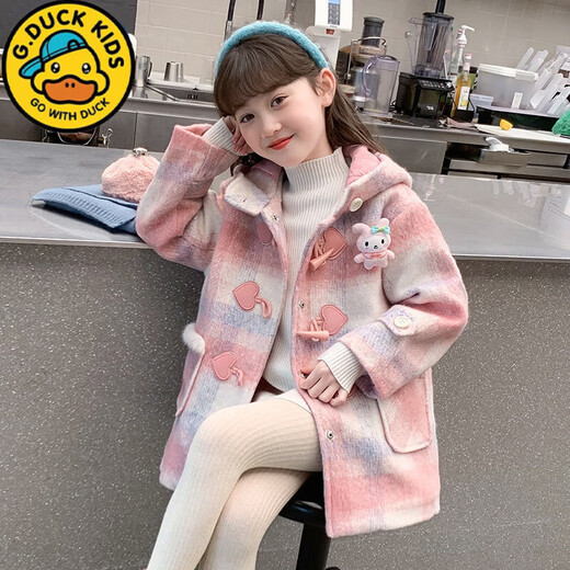 G.DUCKKIDS Girls Autumn and Winter Coat 2025 New Children's Woolen Mid-Length Velvet Thickened Little Girls Woolen Coat Pink 140