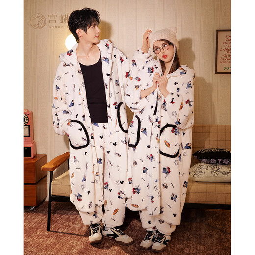 Gongdie Thermal Storage Disney Mickey Couple Pajamas for Women Winter Anti-static Flannel Pajamas Set for Men