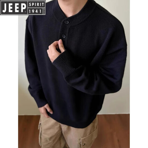 JEEP SPIRIT Jeep International Brand 2025 Autumn and Winter New American Henry Collar Sweater Men's Lazy Style Bottoming Sweater Black L (Recommended 115-130 Jin Jin equals 0.5 kg)