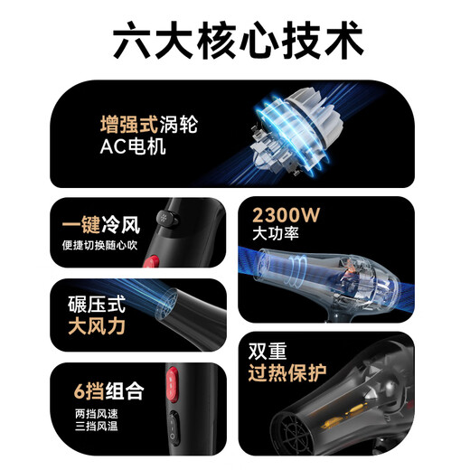 Midea professional hair dryer for hair salons, high-power, quick-drying, non-damaging hair dryer, constant temperature hair care home hair dryer FJ108 2300W, high wind power for barber shop styling