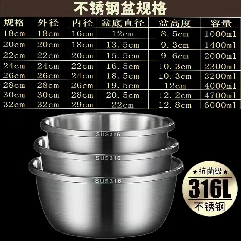 Zhongnuo two-piece set of 316 stainless steel food grade deep and widened kitchen egg and basin extra thick soup basin 30cm+32cm two-piece set