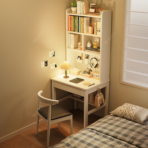 Huixun solid wood desk with bookshelf student home study table hole board computer desk small apartment bedroom bedside writing desk black walnut color #desk + bookshelf 70cm*60cm*75cm total height 190cm