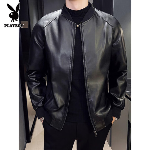 Playboy Baseball Collar Thickened Warm Leather Jacket Men's Slim Autumn and Winter Short Retro Youth and Middle-aged Leather Jacket Autumn and Winter Black Velvet Winter Velvet Thickened L Small