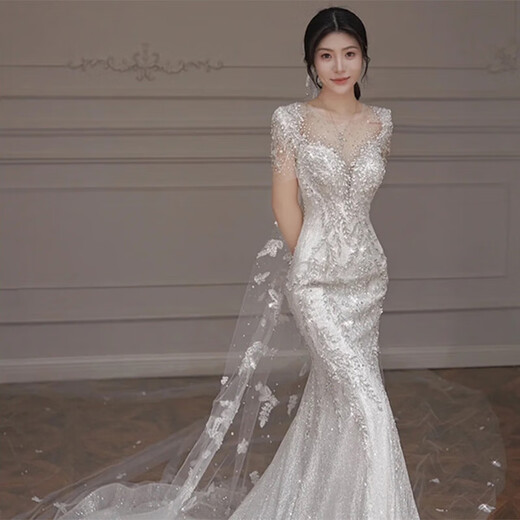 Ovivo fishtail wedding dress bridal main yarn high-end French light wedding dress 2025 new fishtail dress high-end small tail style with veil gloves M