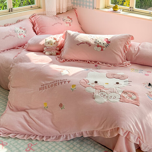 Class A high-end milk velvet bed four-piece children's quilt cover bed sheet coral velvet quilt plus velvet thickened winter cute KT cat Class A thickened warm anti-static 1.8m bed sheet four-piece set quilt cover 200x230