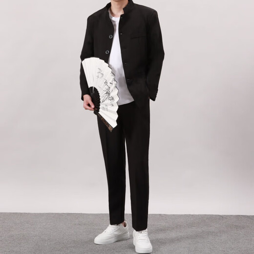 GOKU men's tunic suit Chinese style Tang suit men's suit suit teenagers Chinese style stand collar black jacket national trend tunic suit + long-sleeved shirt + black trousers L recommended 105-120 Jin Jin equals 0.5 kg