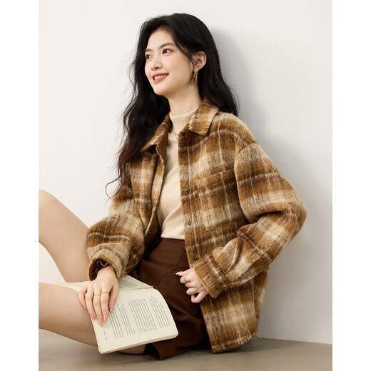 Shangjing shirt women's 25th winter new women's Korean style lazy style woolen material thickened color block plaid loose shirt women's tops