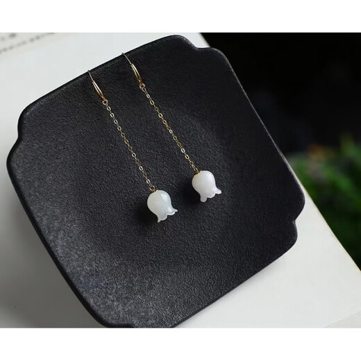 Fat Donglai's same style 18k gold ear wire natural Hetian white jade earrings plated 18K gold long ear wire lily of the valley earrings