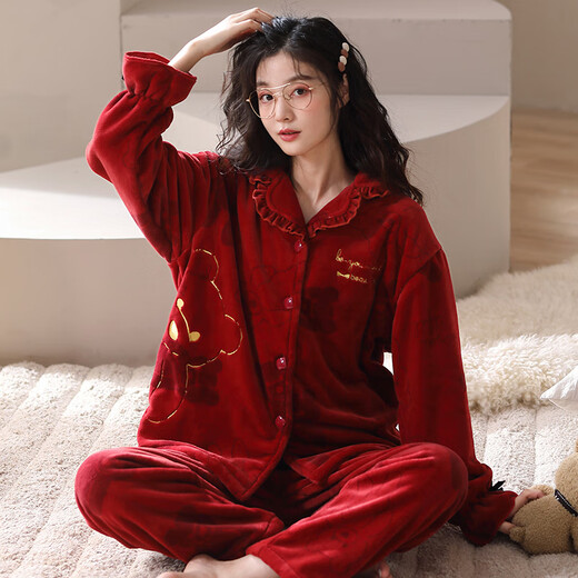 Fenton Pajamas Wedding Newlyweds Couple Set Red Winter Coral Velvet Men's and Women's Exquisite Autumn and Winter Flannel Couple Pajamas MX6620 Female 2XL