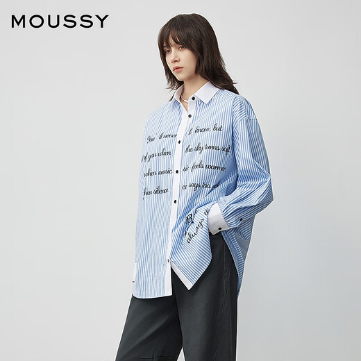 Moussy 2025 autumn new casual style letter printed striped long-sleeved shirt for women 028IAA30-2011 115 pattern blue one size