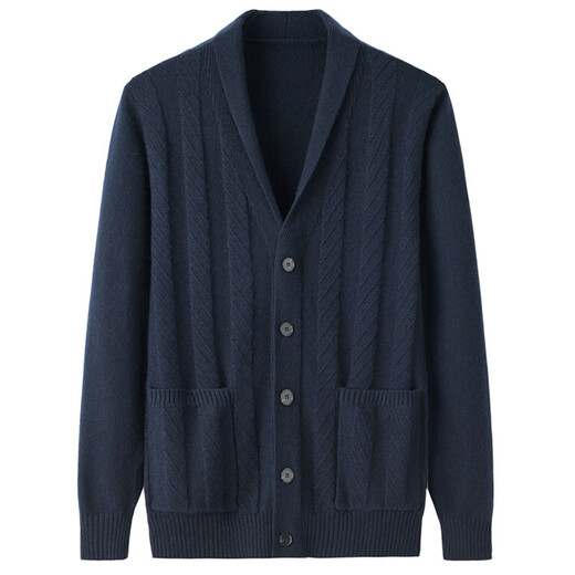 KING DEER middle-aged and elderly men's cashmere sweater solid color cardigan pocket large size dad knitted cardigan grandpa loose warm sweater navy blue XL 180 yards 145-165 Jin Jin equals 0.5 kg