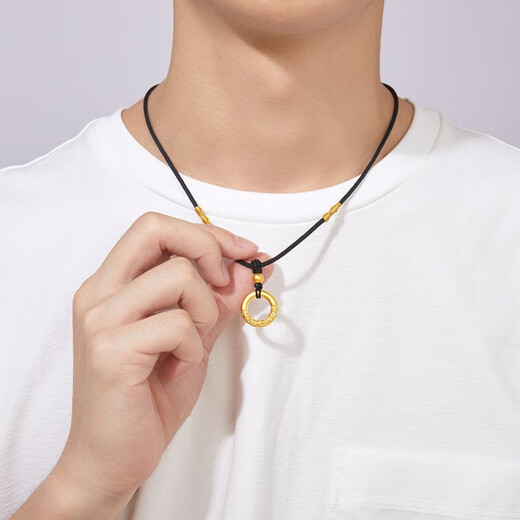 Chow Tai Fook 999 Pure Gold Peace Buckle Gold Pendant Men's Braided Necklace Letter Women's Ruyi Gold Hoop as Birthday Gift Gold Hoop + Gold Beads Black Rope