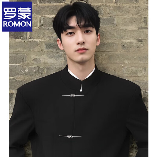 ROMON high-end new Chinese casual suit men's national style stand-up collar tunic style airplane button loose suit suit black two-piece suit top + pants 2XL