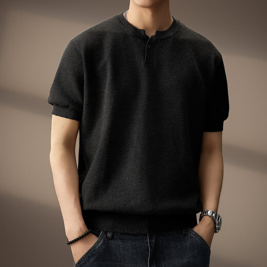 Noble color high-end American retro heavyweight Henry collar short-sleeved Polo shirt for men old money style casual half-sleeved repair black M suitable for 100-120Jin Jin equals 0.5 kg