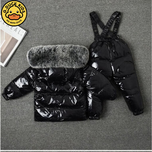 G.duck little yellow duck winter new children's clothing suit baby overalls suit boys and girls raccoon fur ski space silver (real fox fur) split 85