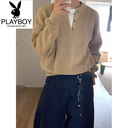 Playboy (PLAYBOY) old money style Henry collar sweater men's winter cleanfit retro POLO sweater lazy bottoming shirt black high quality XL
