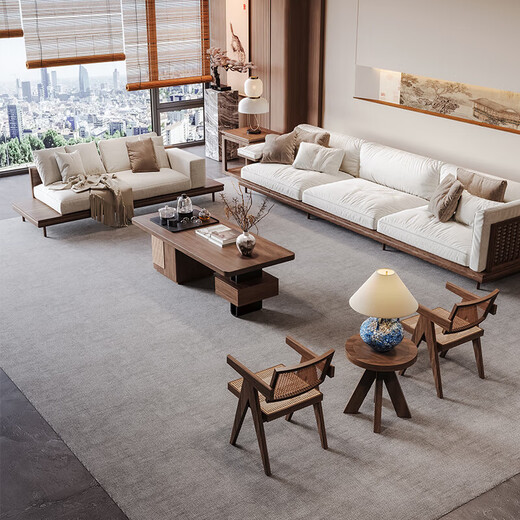 Jigi Song Dynasty Aesthetics North American Black Walnut Solid Wood Sofa New Chinese Style Home Living Room Sofa Coffee Table Set Combination High-End 2.4 Meter Sofa + Imperial Concubine Couch + 1.6 Meter Tea Table + 2 Chandi Chairs