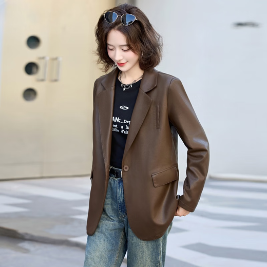 LIIS International Light Luxury High-end Jacket New Leather Suit Jacket Women's Maillard Retro Temperament Casual Black XL