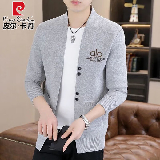 Pierre Cardin high-end wool knitted cardigan jacket for men spring and autumn new style fashionable and versatile outer wear long-sleeved sweater gray 2XL recommended 150-165Jin Jin equals 0.5 kg