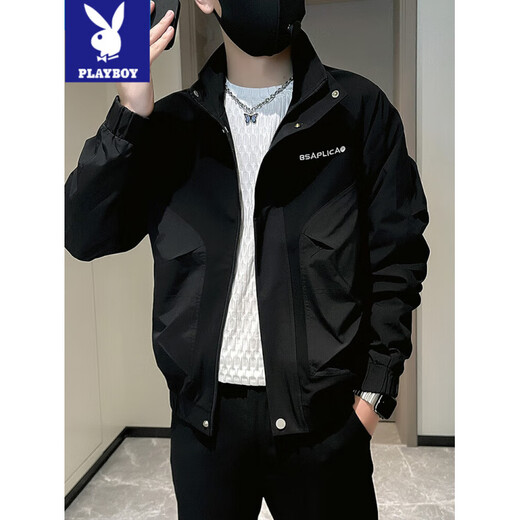 Playboy trendy brand handsome stand-up collar jacket men's spring casual versatile men's jacket 2025 new high-end spring top black L recommended 115-130 Jin Jin equals 0.5 kg