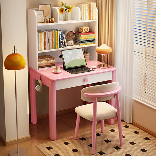 Lin Yisheng solid wood small apartment desk and bookshelf integrated simple children's writing desk bedside computer table for bedroom home walnut color single table with bookshelf length 80*width 60*height 130cm