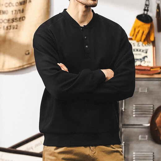 Jeanswest American retro heavyweight sweatshirt men's autumn trendy Henry collar half cardigan jacket men's spring and autumn long-sleeved POLO shirt black 350g heavy 2XL suitable for 160-180Jin Jin equals 0.5 kg