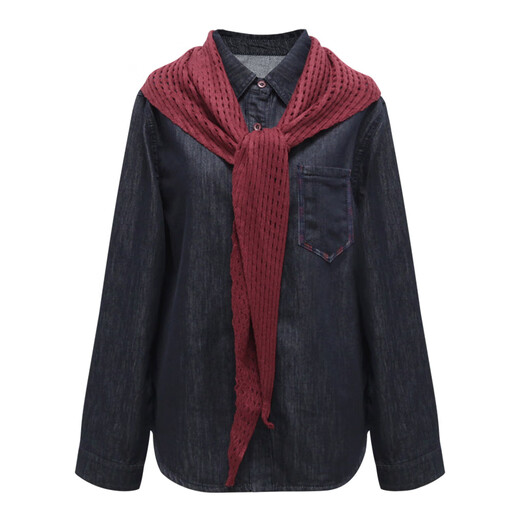 朵以（Duoyi）2025冬季新款复古休闲慵懒撞色披肩深蓝色翻领宽松衬衫女 牛仔蓝 S