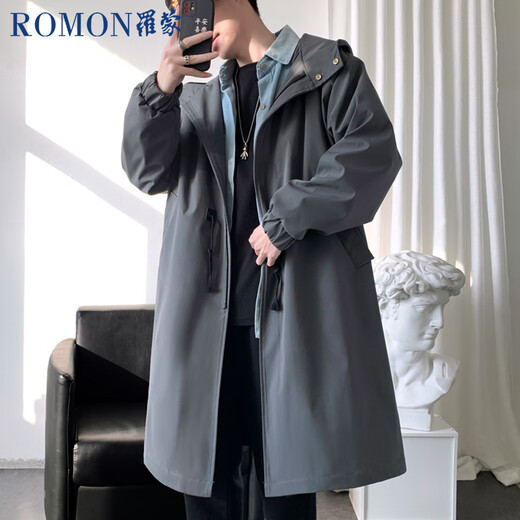 ROMON men's windbreaker mid-length business men's hooded coat loose large size men's autumn cloak khaki M