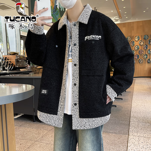 Woodpecker Jacket Men's 2025 Autumn and Winter Youth Loose Tops Trendy and Handsome Large Size Men's Tops Gray XL (120-140Jin Jin equals 0.5kg)