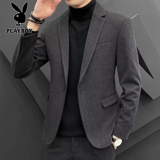 Playboy (PLAYBOY) woolen suit men's 2025 autumn and winter business sense slim trendy casual suit jacket men's black top + pants S