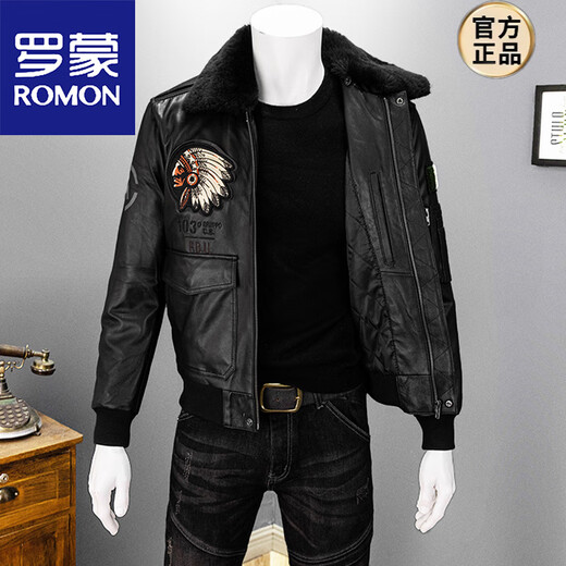 ROMON imitation sheepskin leather jacket men's fur collar plus cotton Indian embroidery short flight suit jacket for young and middle-aged people black fur collar S