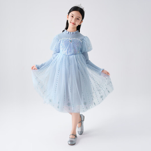 Disney Children's Princess Dress Girls Autumn and Winter Knitted Mesh Dress Winter Skirt TD3EQ006 Sky Blue 120