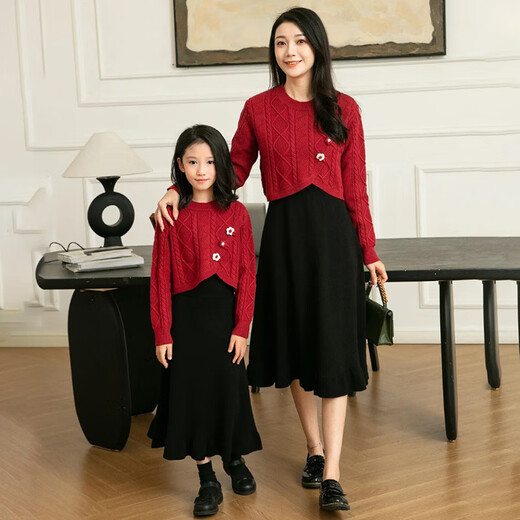 Little Bear Elf (xiaoxiongjingling) parent-child mother-daughter dress two-piece suit Chinese New Year autumn and winter high-end family of three or four red national style sweater men's single top / women's two-piece set 170 mother size M (recommended weight 95-110 Jin Jin is equal to 0.5 kg)
