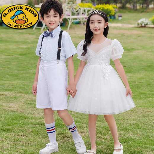 G.DUCKKIDS Children's Day Chorus Costumes Girls Dance Tutu Skirt Boys Dress Primary School Graduation Performance Costumes Boys White Shirt + Black Shorts + Suspenders + Bow Tie + 120