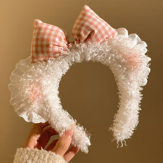 Cartoon Sweetheart Blush Bear Ears Bow Headband Lace Face Wash Women's Hairpin Cute Plush Headband Headdress Blush Bow-White Headband 1 Pack