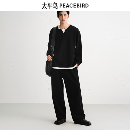PEACEBIRD Men's T-shirt 25 Autumn New Henley Collar Heavy Long Sleeve Shirt Wide Version Fake Two-Piece Loose Bottoming Shirt Black Second Batch S