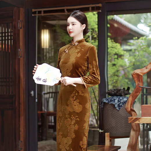 Retro 2025 Autumn and Winter New Velvet Jacquard Cheongsam National Style Slim Slim Long Nine-quarter Sleeve Wedding Banquet Mother T0080-1 Pomegranate Red 2XL Recommended 120-130Jin Jin is equal to 0.5 kg